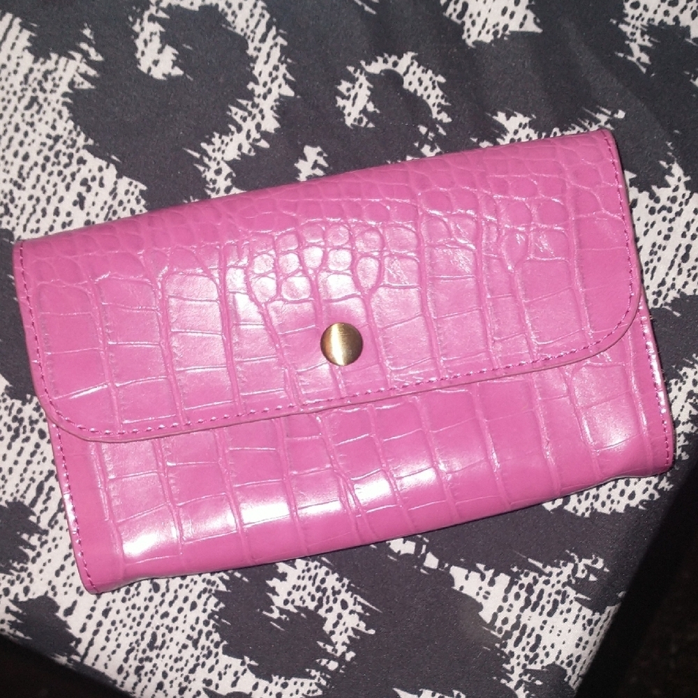Anthropologie Pink Crocodile-Embossed Women's Clutch Purse Wallet
